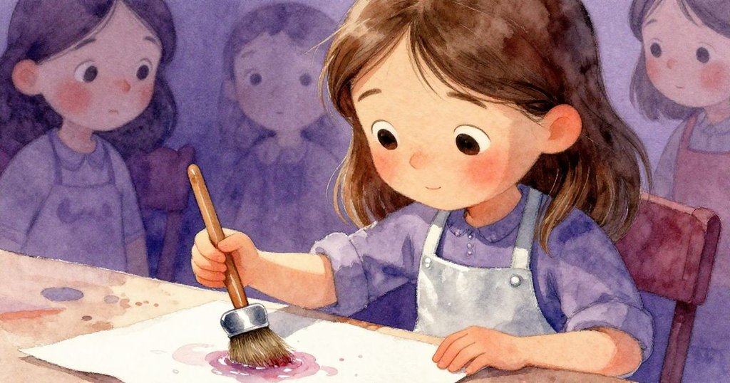 Tamsin 的眼神充滿決心，專注地觀察濕潤紙上流動的光澤，同時輕柔揮動畫筆。