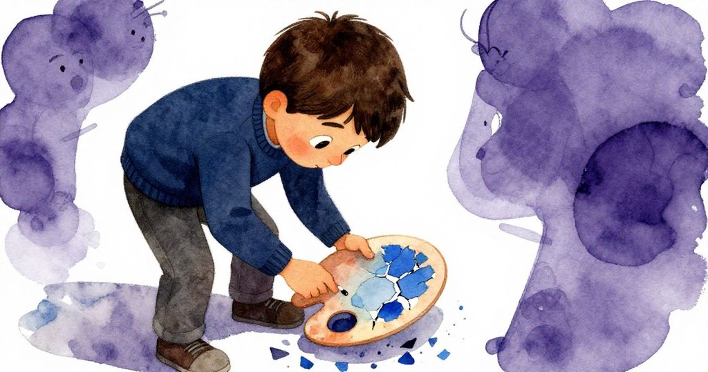 Cole 屈身檢查藍色顏料裂痕，低頭仔細觸碰調色板，專注中透露出些許焦慮與謹慎。