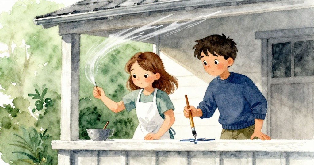 Tamsin 與 Cole 在門廊中同步作畫，一邊細膩筆觸、一邊調整畫筆，隨著陣風跳動，動感十足。