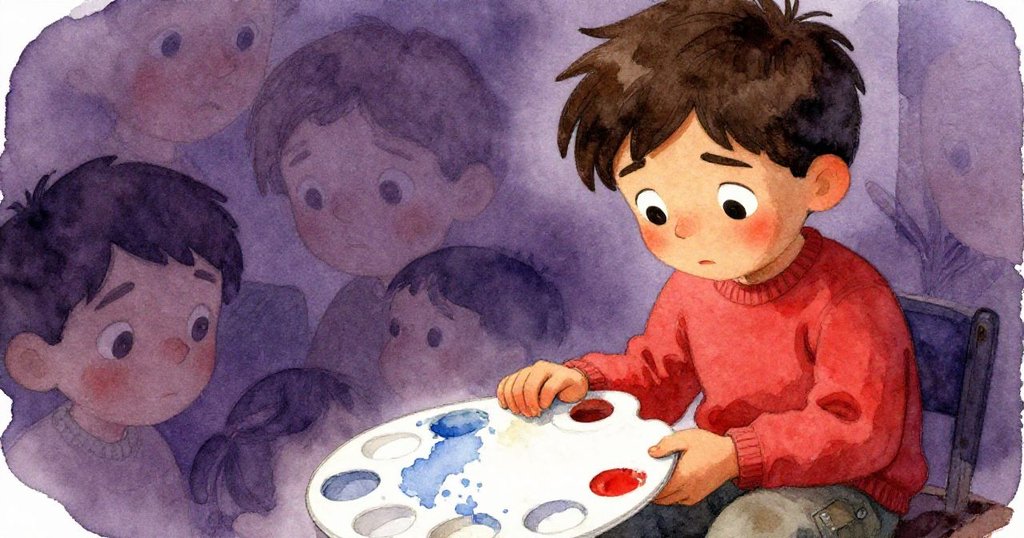 Cole 靜靜檢視調色盤上結痂的藍色顏料，神情複雜，既憂慮又堅定，內心掙扎顯而易見。