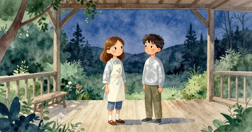 Tamsin 與 Cole 在靜謐門廊中並肩站立，共同完成畫作，臉上流露滿足與和諧，風停雨息，溫馨結局。