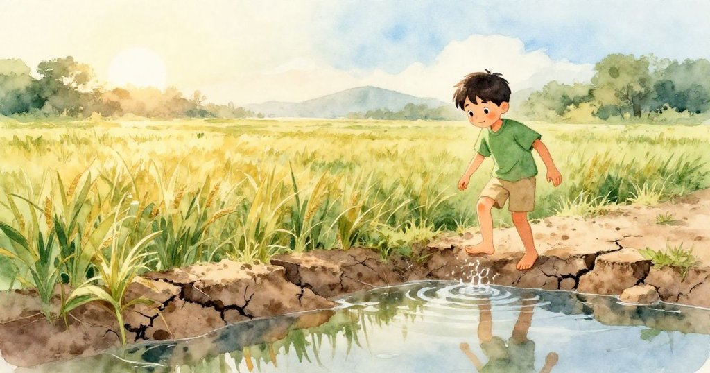 奧斯卡在破裂土岸上滑動赤腳，水面映出他的倒影與田野，晨光柔和映襯，滿懷愉悅啟程冒險。