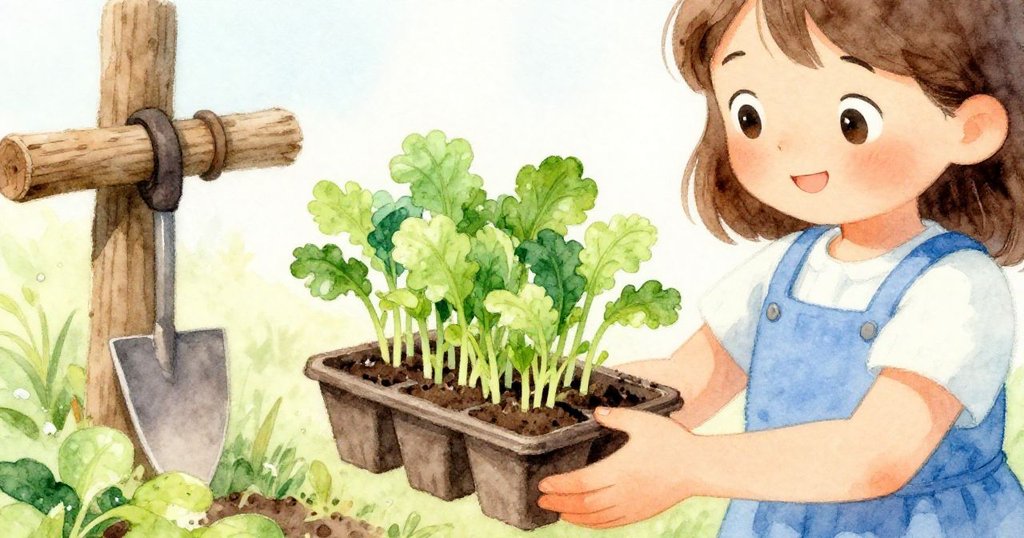 羅莎專注地用手支撐著苗盤與成捆的綠苗，背景映出鄉村工具架與晨光，細膩而溫暖。