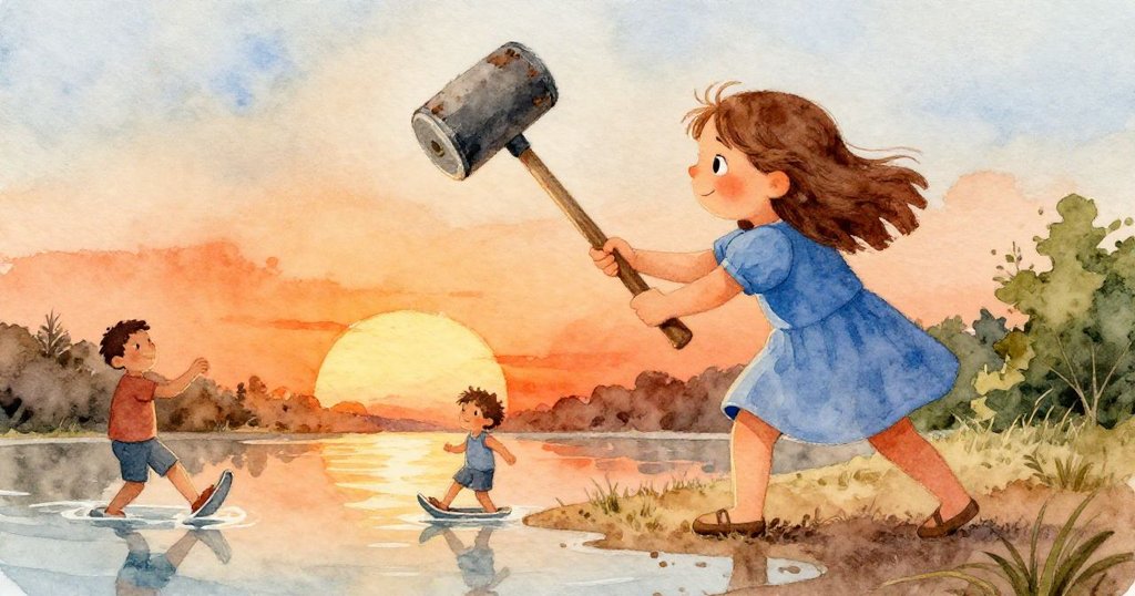 羅莎半舉木槌，注視奧斯卡滑動的腳，水面反射略顯扭曲，環境溫暖中流露出一絲緊張與好奇。