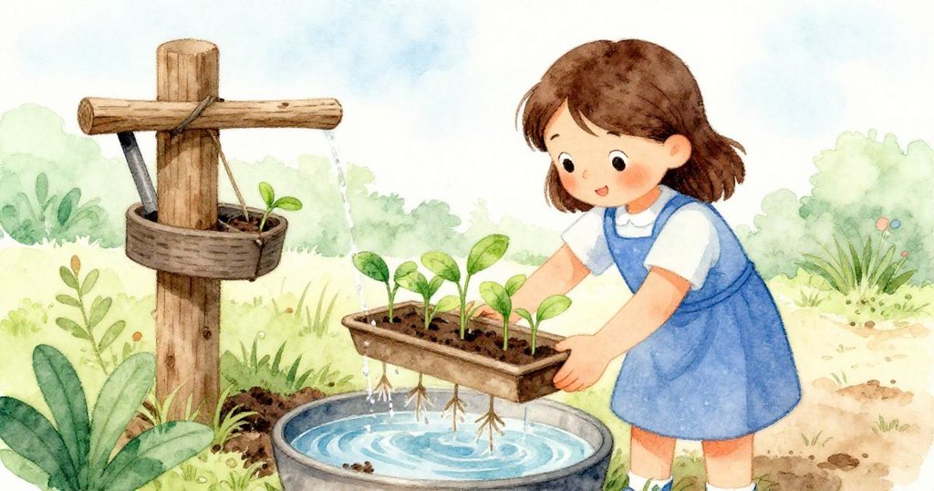 羅莎在舊木工具架旁細心放低苗盤，讓嫩根觸水，鄉村風景中洋溢著溫柔與專注。