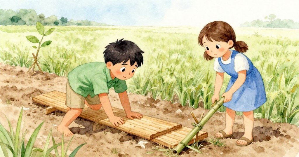 奧斯卡與羅莎合作修整木板與竹樁，兩人動作默契互補，泥土上留下溫暖勞作的痕跡，充滿歡樂。