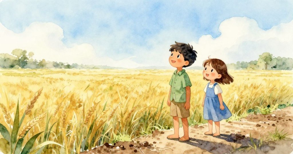 奧斯卡與羅莎並肩站於田野邊，望向明亮地平線，泥土上留有勞作痕跡，臉上綻放著滿足與期待。