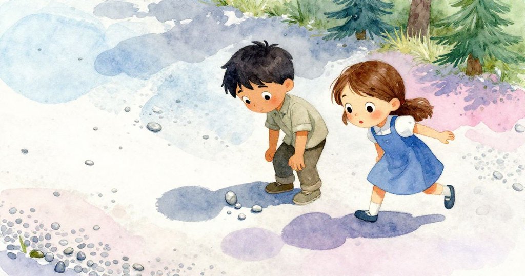 帕爾默與萊拉沿著碎石路前行，利用交錯光影測量鵝卵石間距，神情專注而神秘