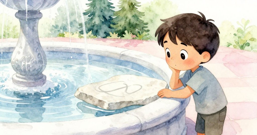 帕爾默在噴泉邊檢查一塊刻有數字的石板，眼中流露出專注與驚奇，充滿探索的好奇心