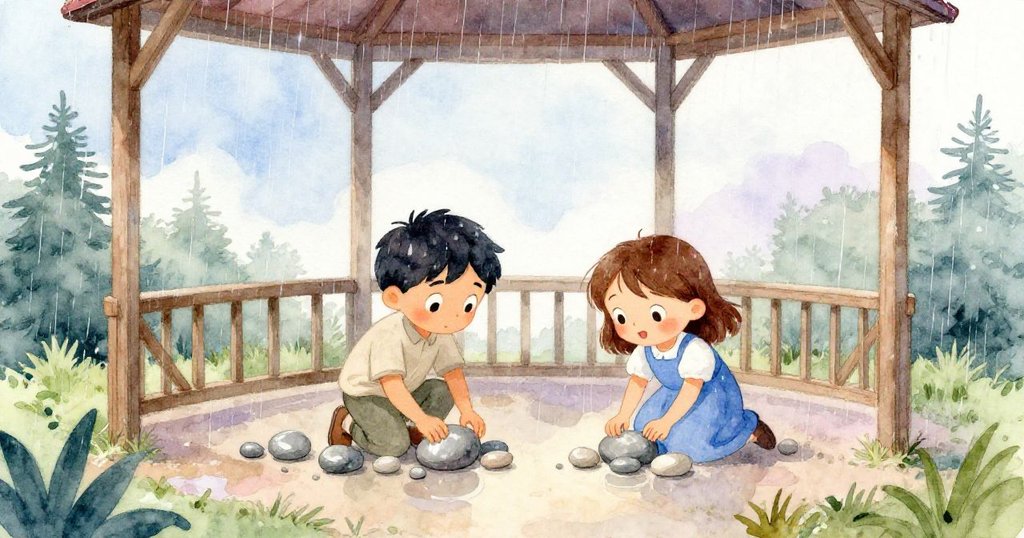 在涼亭中，帕爾默與萊拉在雨中尋找乾燥角落排列鵝卵石，雨滴反射柔光，兩人神情安心