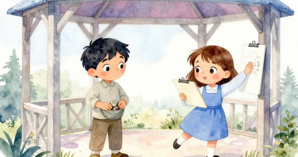 涼亭內帕爾默小心將鵝卵石放入口袋，萊拉則努力守護潮濕素描，兩人交換堅定而溫暖的眼神