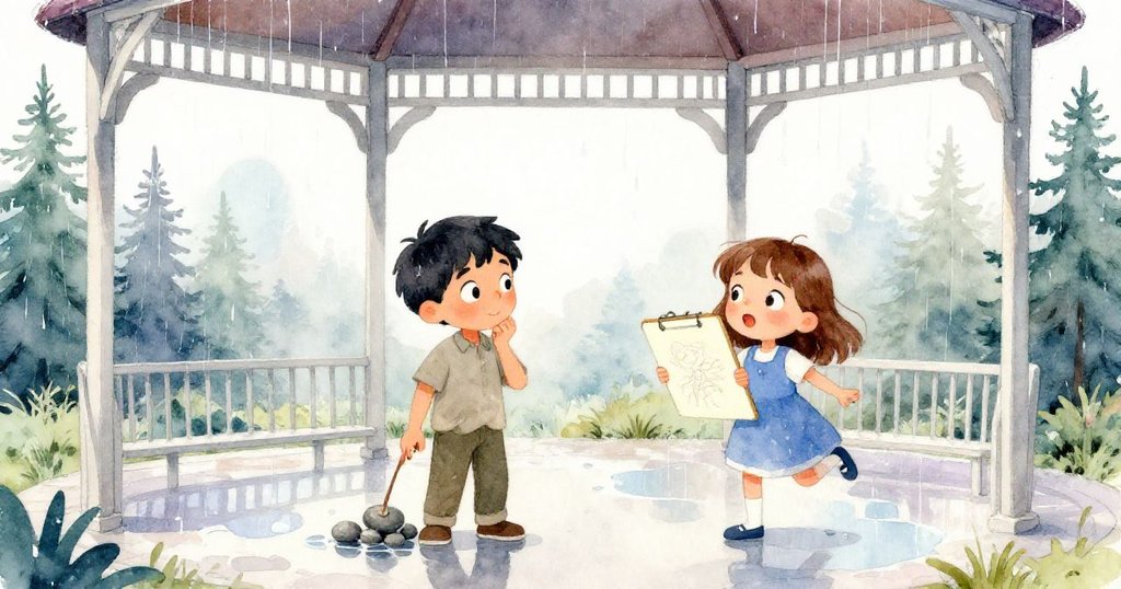 在雨後的涼亭內，帕爾默輕敲口袋中石頭，萊拉舉起珍貴素描，兩人滿懷喜悅與成就感