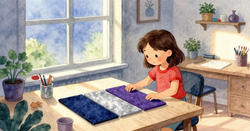 伊芙在晨光中走向工作桌,靠近窗邊檢查毯狀的毡布,神情專注,背景充滿溫暖光線和零件托盤。