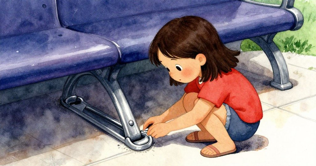 伊芙蹲在瓷磚地上,用手輕輕拉扯擱在欄杆下的金屬夾,表情堅定且略帶焦急,細節豐富。