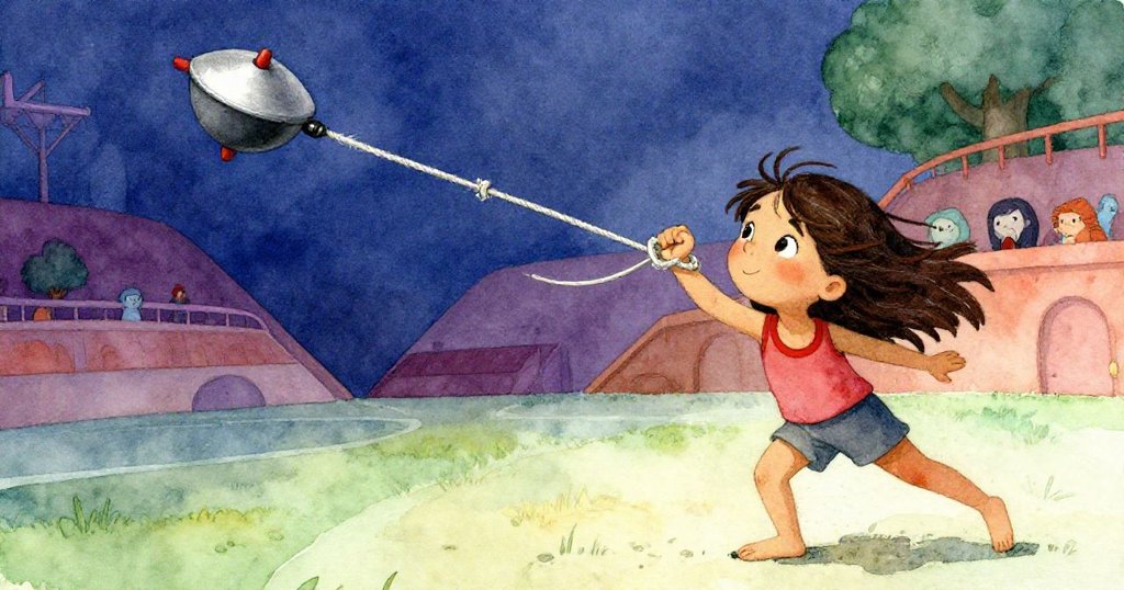 伊芙用力甩動手臂纏繞破舊拉繩,夾子被牢牢固定,旋轉玩具迅速起飛,充滿活力與決心。