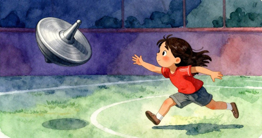 菲力斯的灰盤與伊芙的旋轉玩具在室內 arena 中追逐飛舞,動感十足,背景略帶模糊突顯出快樂與緊迫。