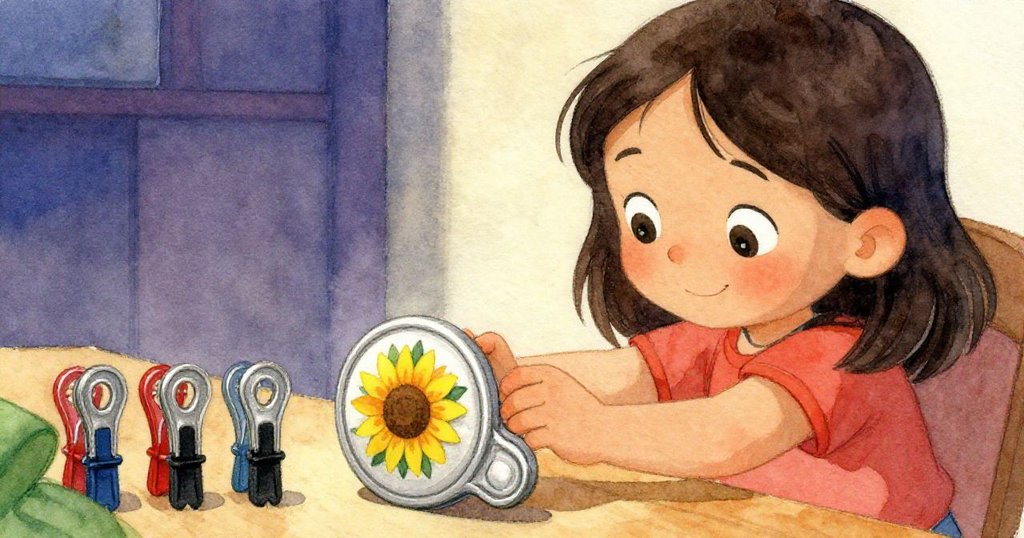 伊芙滿臉微笑撿起倒下的旋轉玩具,邊緣上向日葵貼紙閃爍光芒,周圍金屬夾整齊排列,氛圍溫馨寧靜。