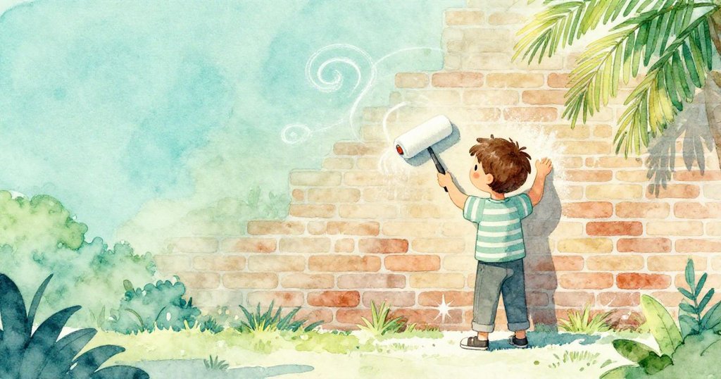 York 在陽光下用泡沫滾筒刷石牆，灑落的粉筆塵隨空氣飄動，表情堅定，場景寬敞明亮