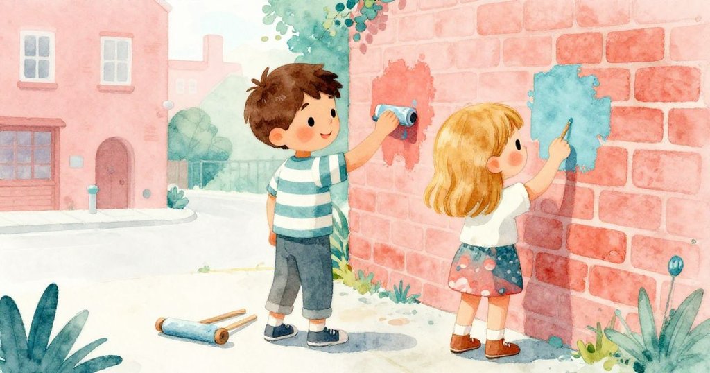 Nell 與 York 分別在鄰近石牆上作畫，相互對望，情緒互動活潑，建築質感細膩，色彩明亮