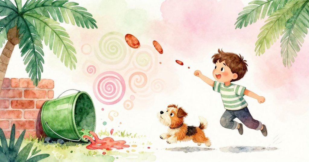 Terrier 奔跑追逐飄落的顏料碎片，同時綠桶傾瀉出顏料，動態場景帶有輕微超現實效果，情緒活潑