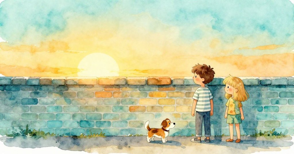 夕陽下的牆面呈現上下色彩分明，York 與 Nell 視線滿含喜悅，Terrier 搖尾巴輕拂粉筆，氛圍平靜溫暖