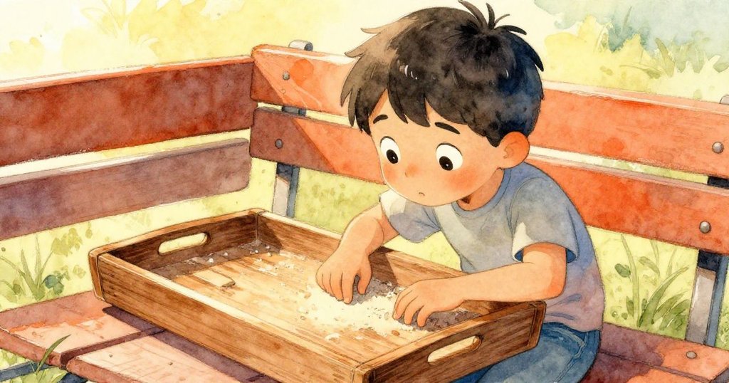 托洛正傾身於古舊鳥食盤前，指尖輕觸灰塵痕跡，背景散發溫暖金色光芒，呈現探索氛圍。