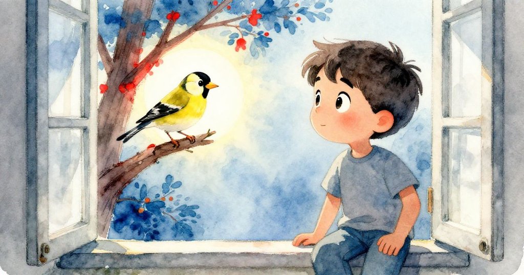 托洛透過敞開窗戶凝視枝頭上翩然的金翅鳥，眼中流露好奇與期待，陽光柔和地灑落於樹梢。