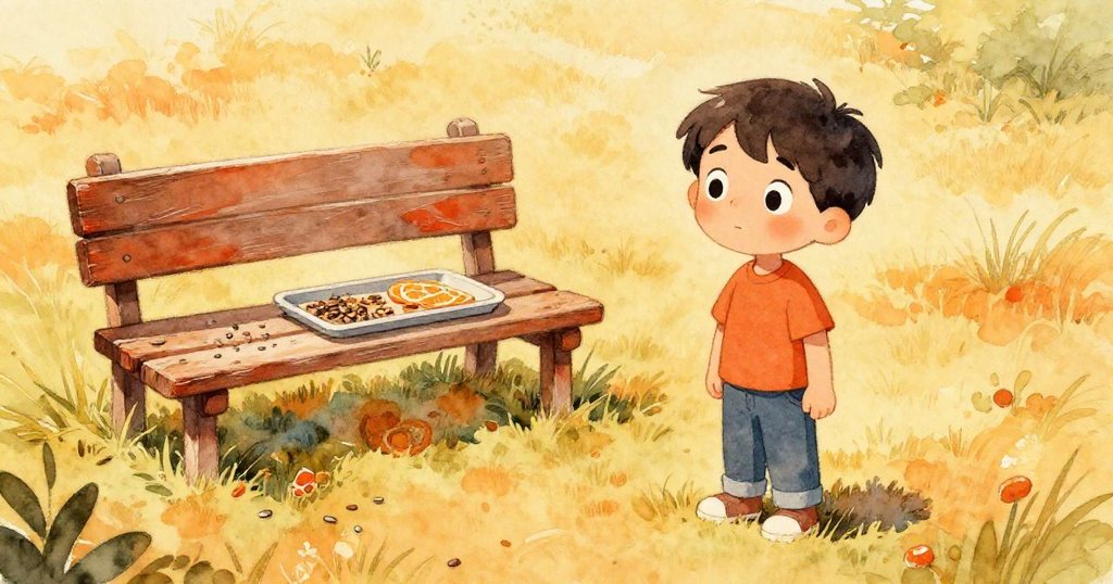 溫暖夏日中，鳥食盤旁木板上散落種子與橙片，訴說著夏日光影與懷舊情懷，環境充滿質樸自然感。