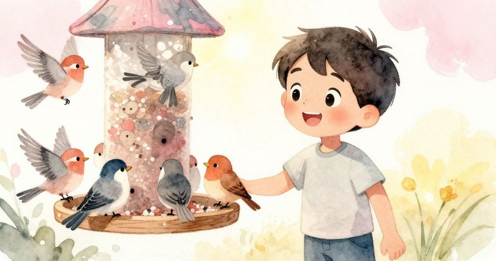 托洛面帶微笑觀賞小鳥環繞鳥食盤嬉戲，金翅鳥靦腆現身，畫面洋溢著歡樂與自然慶典氣氛。