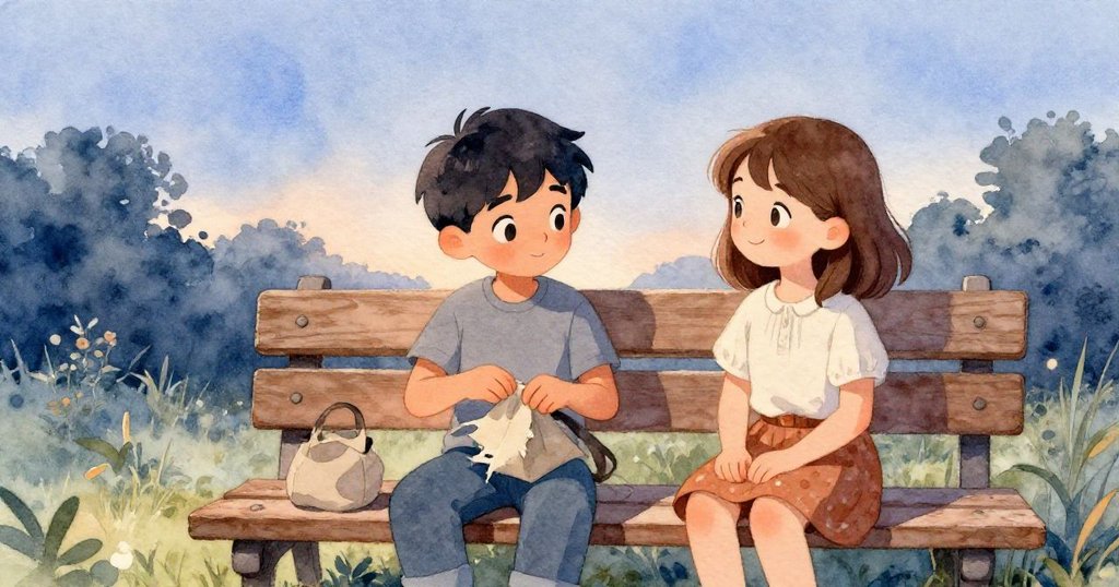 托洛與艾絲米安坐於木長椅上，黃昏柔光中托洛謹慎整理餘下鳥食，畫面平靜呈現一天溫柔告別。