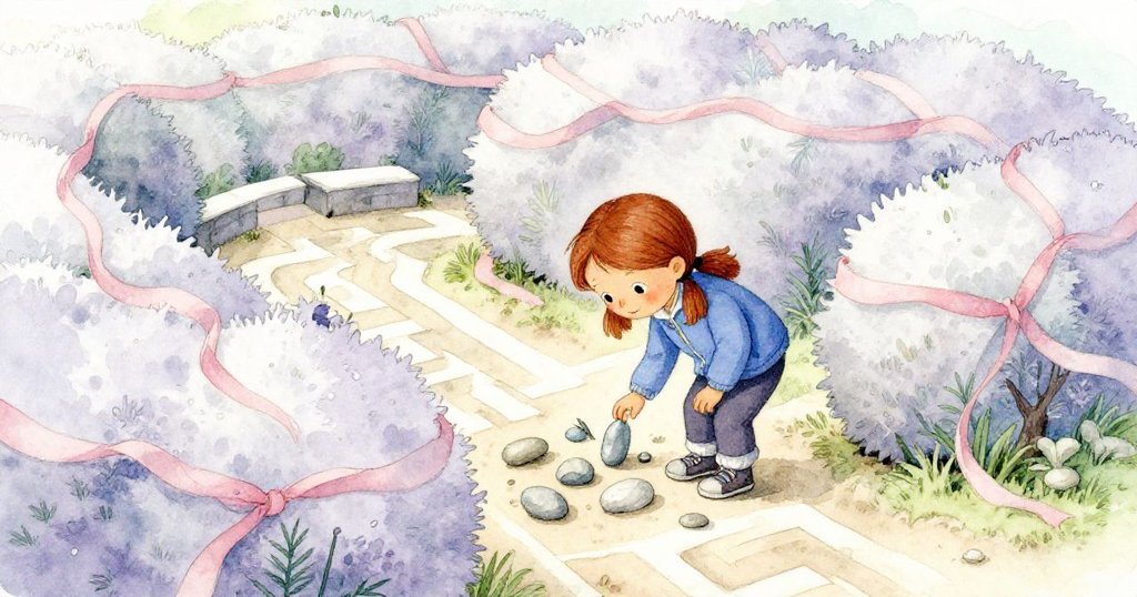 哈麗特在迷宮十字路口前彎腰檢查用卵圓小石排列成的箭頭,神情中透露出好奇和一絲疑慮