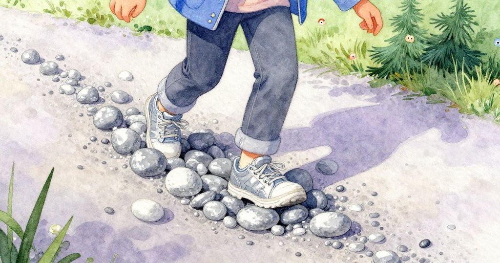 哈麗特在行走時腳下小石滾動,畫面以扭曲視角突顯運動感,展現出意外動作與堅毅神情