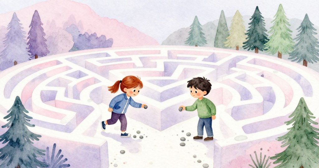 哈麗特與艾蒙在迷宮中央空地上一起丟下小石實驗路徑,雙雙表情堅定且充滿探索的喜悅