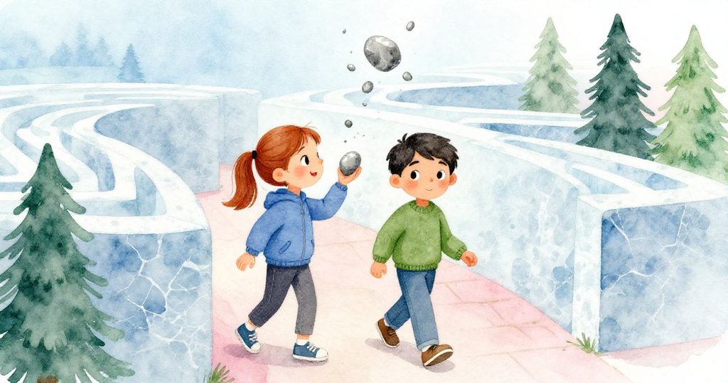 哈麗特與艾蒙沿著迷宮新通道繼續前行,哈麗特手握小石準備作新測試,背景中破碎的石箭暗示著未完成的冒險