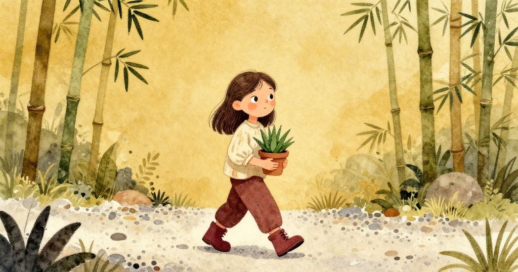 Hazel沿著碎石小徑走著，抱著小蘆薈盆，背景竹林和空白背景營造孤寂而平靜的氣氛。