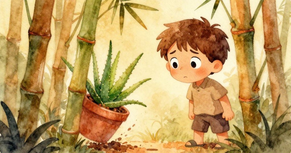 Orson透過竹子縫隙凝視落下的蘆薈盆，臉上流露出焦急，強烈對比下呈現動態感與決心。