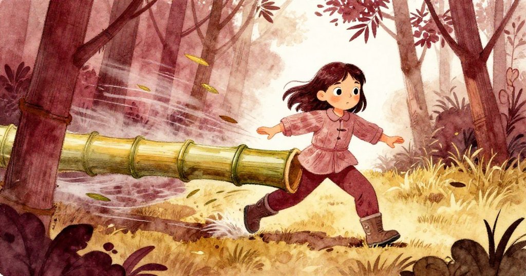 強風席捲竹林，Hazel急轉身躲開彎曲的竹子，風中樹葉飛舞，感受戶外動感與突發狀況。