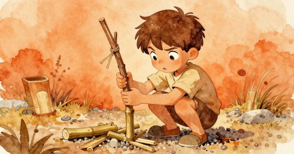 Orson蹲在碎石上，用竹片和小木棍拼湊臨時支架，面容堅毅努力伸手撿起掉落的蘆薈盆，細節豐富。