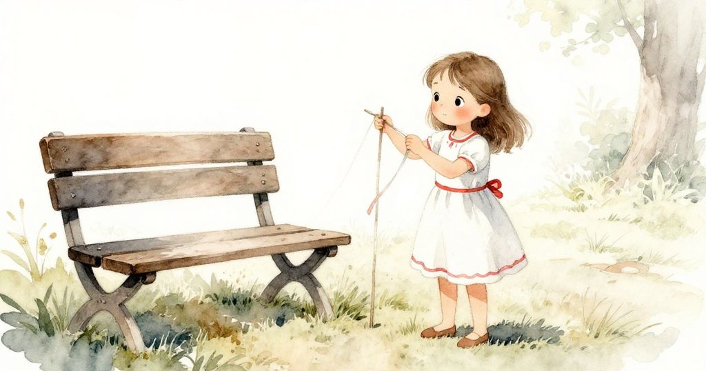 克拉拉在戶外長椅旁輕拍細帶，表情好奇，背景中呈現柔和草地與北向絲帶，暗示故事開始