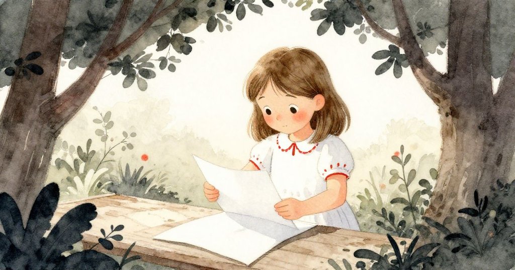 克拉拉透過樹葉裂縫凝視並折疊新紙，展現專注神情和紙上清晰的折痕，表現故事進展