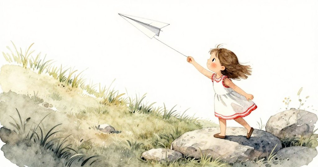 從高處俯瞰草坡，克拉拉站在石上發射紙飛機，草地上明亮條紋描繪著落點軌跡，呈現動感與自然風光