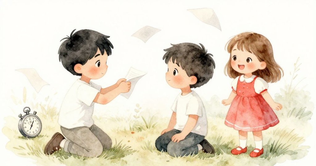 尼爾跪著用秒表固定飛舞紙張，克拉拉微笑慶祝創意成果，兩人溫馨互動於陽光柔和的草地上