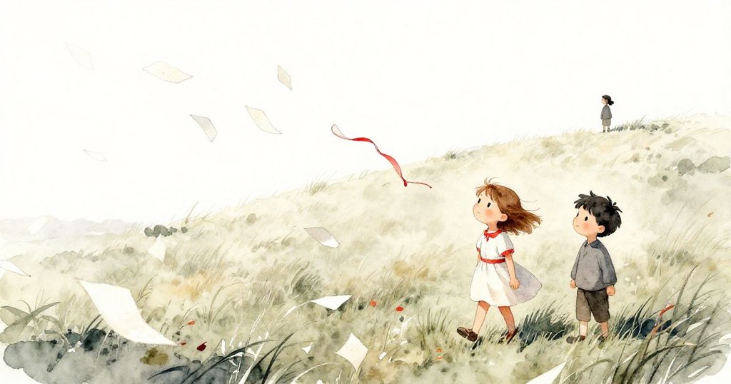 在寬廣草地上，風中紙張紛飛、絲帶扭轉指向西側，克拉拉與尼爾遠景中顯得微小，表達故事圓滿結局