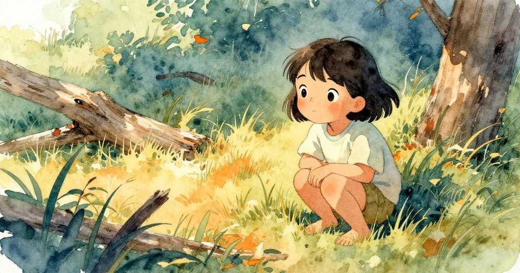 小女孩Suki蹲在濕潤草地上，透過歪斜視角檢查留有布帶痕跡的地面，表情專注充滿好奇。