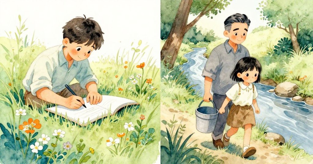 Suki與叔叔Dale分畫面呈現，左邊Dale專注描繪野花與水芹，右邊Suki邁步搬運水桶，皆展現努力與細膩情感。