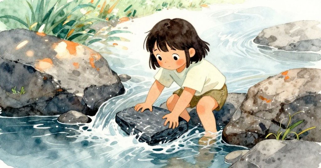 Suki在岩石水道間努力將厚重石板擋住水隙，溫暖陽光下展現出專注與堅定，水流呼嘯營造出挑戰氛圍。