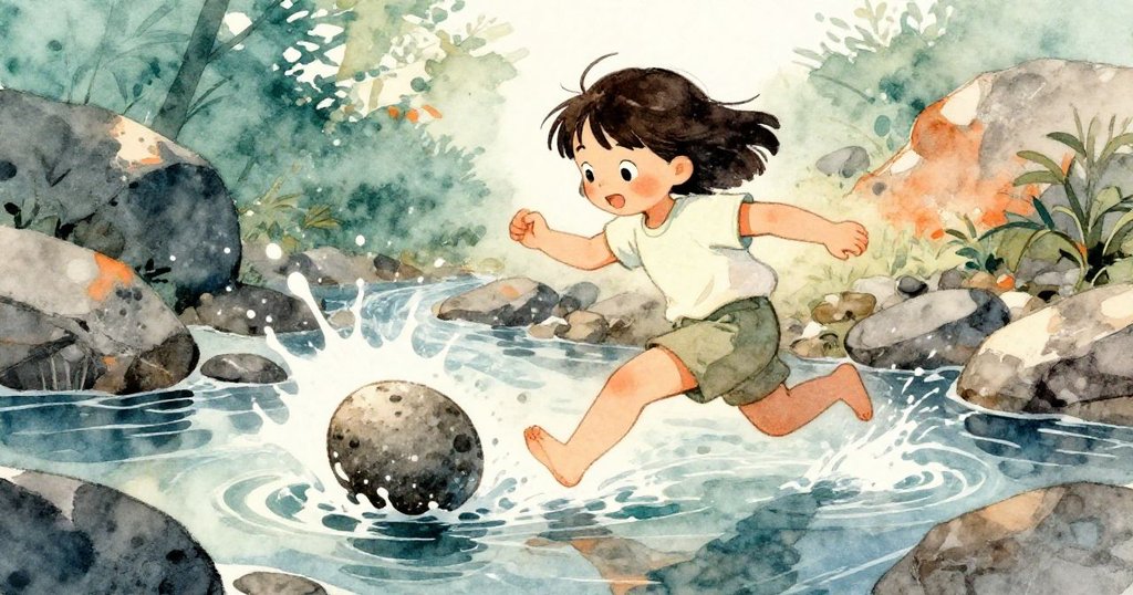 Suki驚訝地追逐隨水流滾動的石子，水花四濺，身形動感十足，充滿緊張與活力的追逐場面。