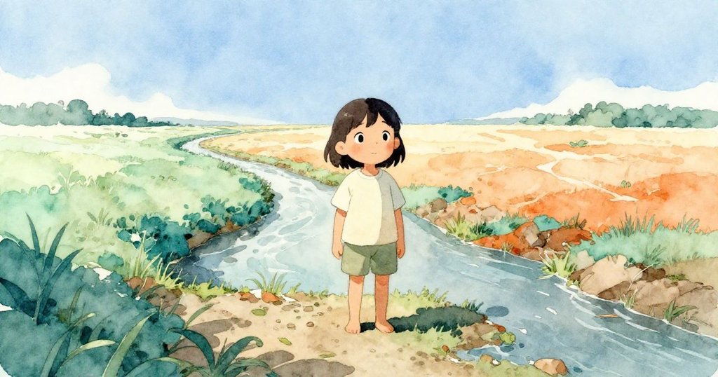 Suki站在修補完的水道前，眺望開闊遠方，臉上流露出成就與希望，背景展現平靜與新開始的自然景致。