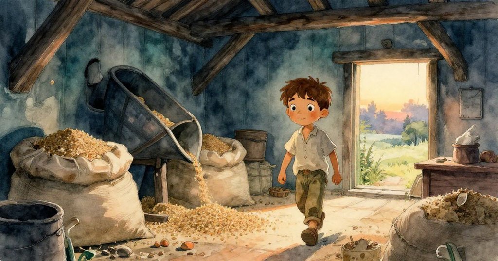 海斯在曙光中進入舊磨坊,背景有穀囊和木齒輪,表情充滿希望,充滿溫暖氣氛。