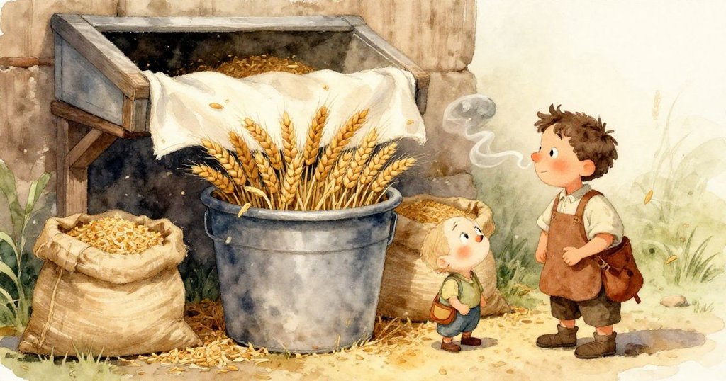 海斯正專注地穿上印有小鸚鵡圖案的舊烤箱手套,手部動作清晰,周圍散落著工具與麵粉。